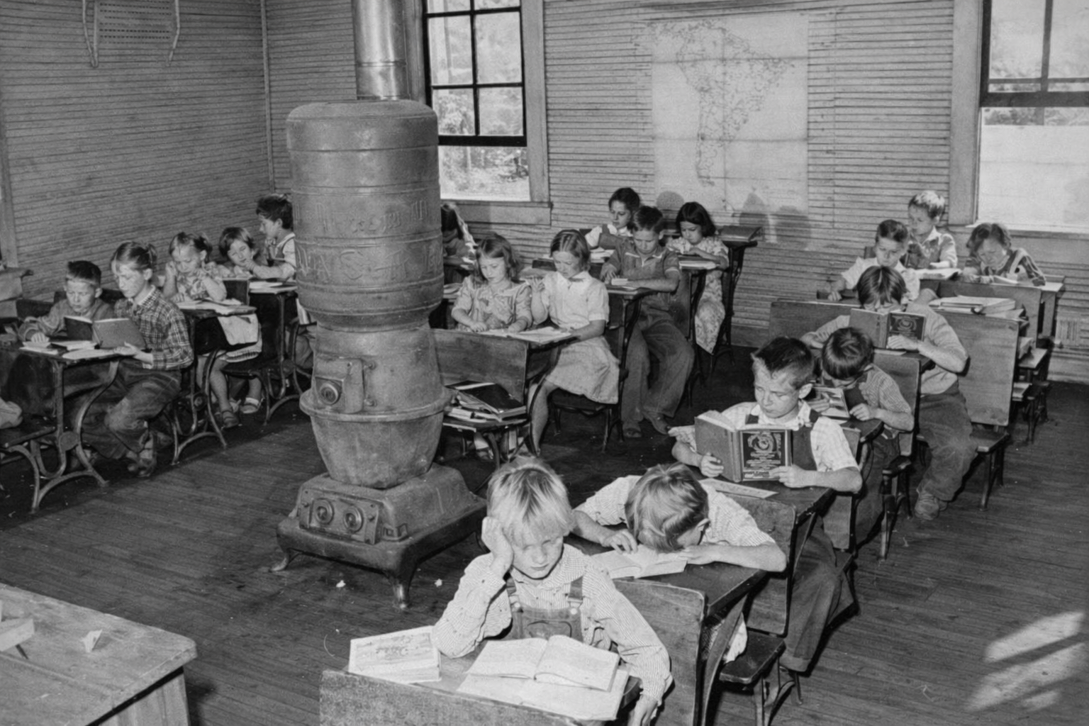 Historic classroom with prominent stovepipe heating system